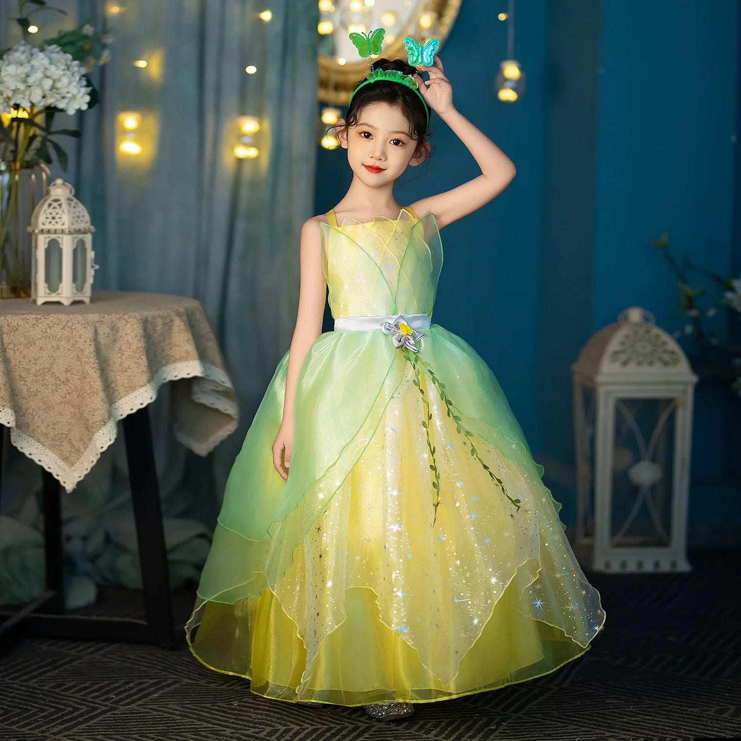 Layered Tulle Fairy Princess Dress Green Yellow Sling Party Costume
