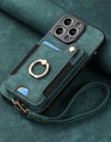 Luxury PU Leather Phone Case for iPhone 16 15 Pro Max 16e 14 Plus with Card Slot Ring Buckle Lanyard Back Cover