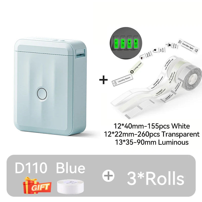 D110 Mini Portable Thermal Label Printer, Bluetooth Wireless Inkless Sticker Maker 12–15mm, Compact Label Machine for Home Organization