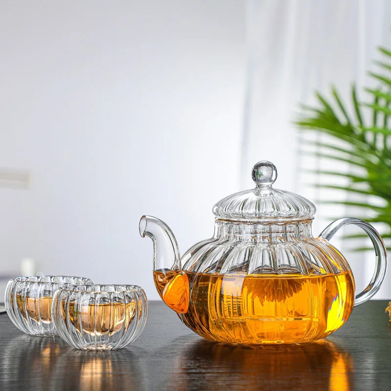 600ml Striped Pumpkin Shape Glass Teapot with Filter