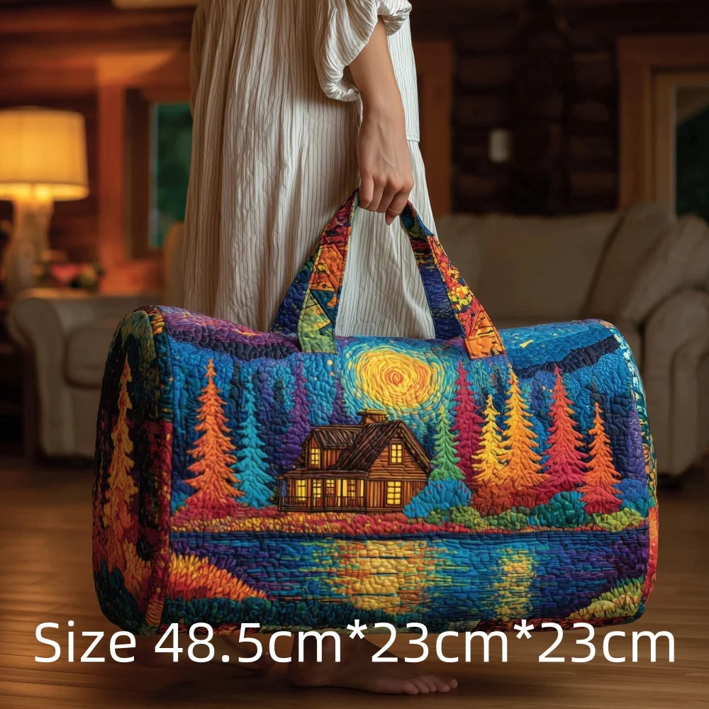 3D Print Quilted Travel Bag Autumn Mountain Forest Cabin Tote Weekender Duffle for Women Men Vintage Nature Landscape Hangbag