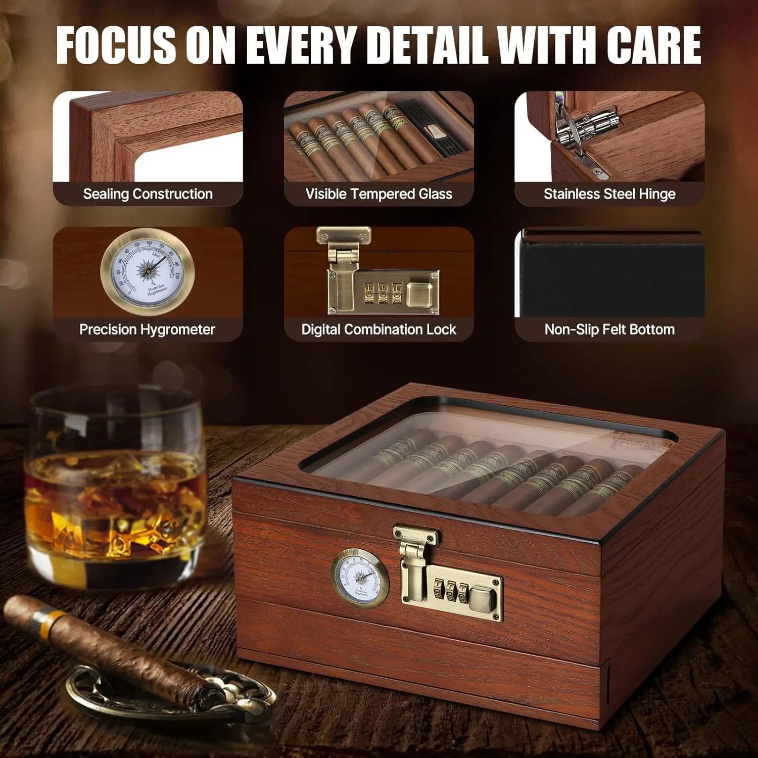 Cigar Humidor Cedar Wood Humidor Cigar Box Glass Top Desktop Humidor with Front Hygrometer Humidifier Divider Accessories Drawer