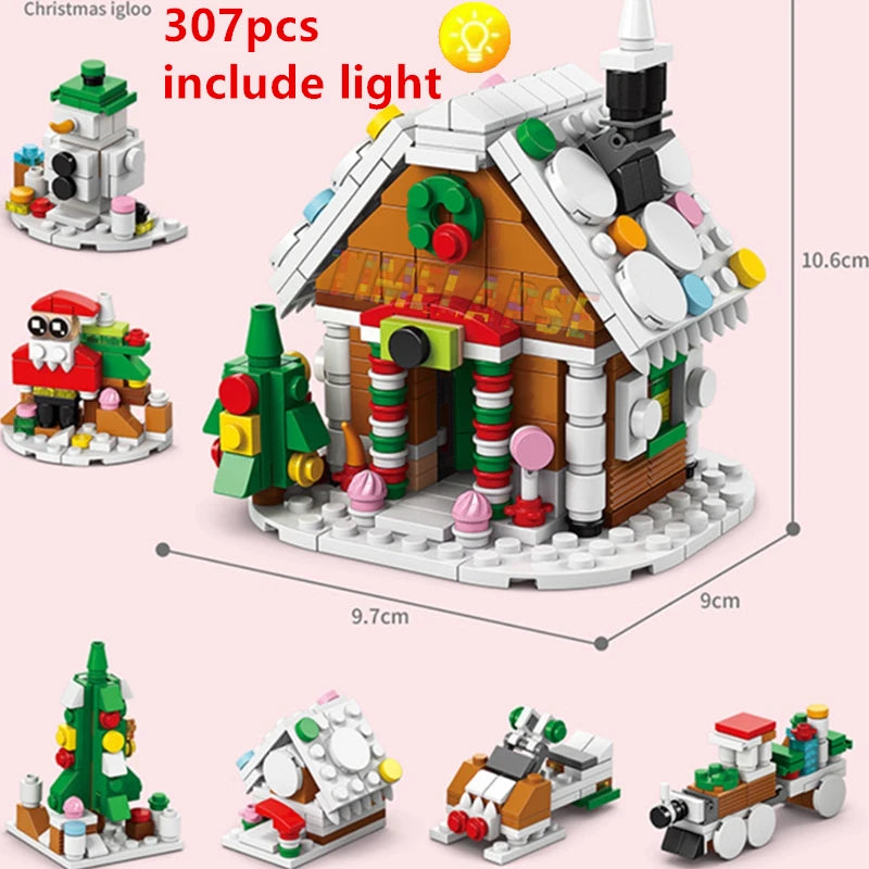 DIY 8in1 Lights Christmas Elk Deer Santa Claus Train Architecture Store Street View Xmas Tree Snow House Building Block Kit Toy