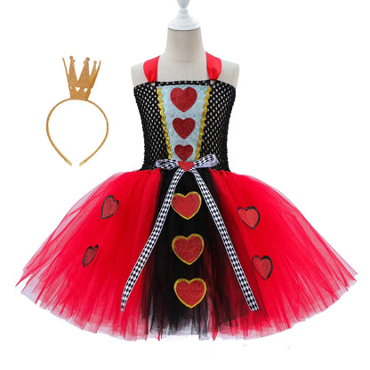 Girls Wonderland Fairy Tale Fancy Dress Sparkly Kids Evil Red Queen Children Dress Halloween Cosplay Costumes Villain Clothes