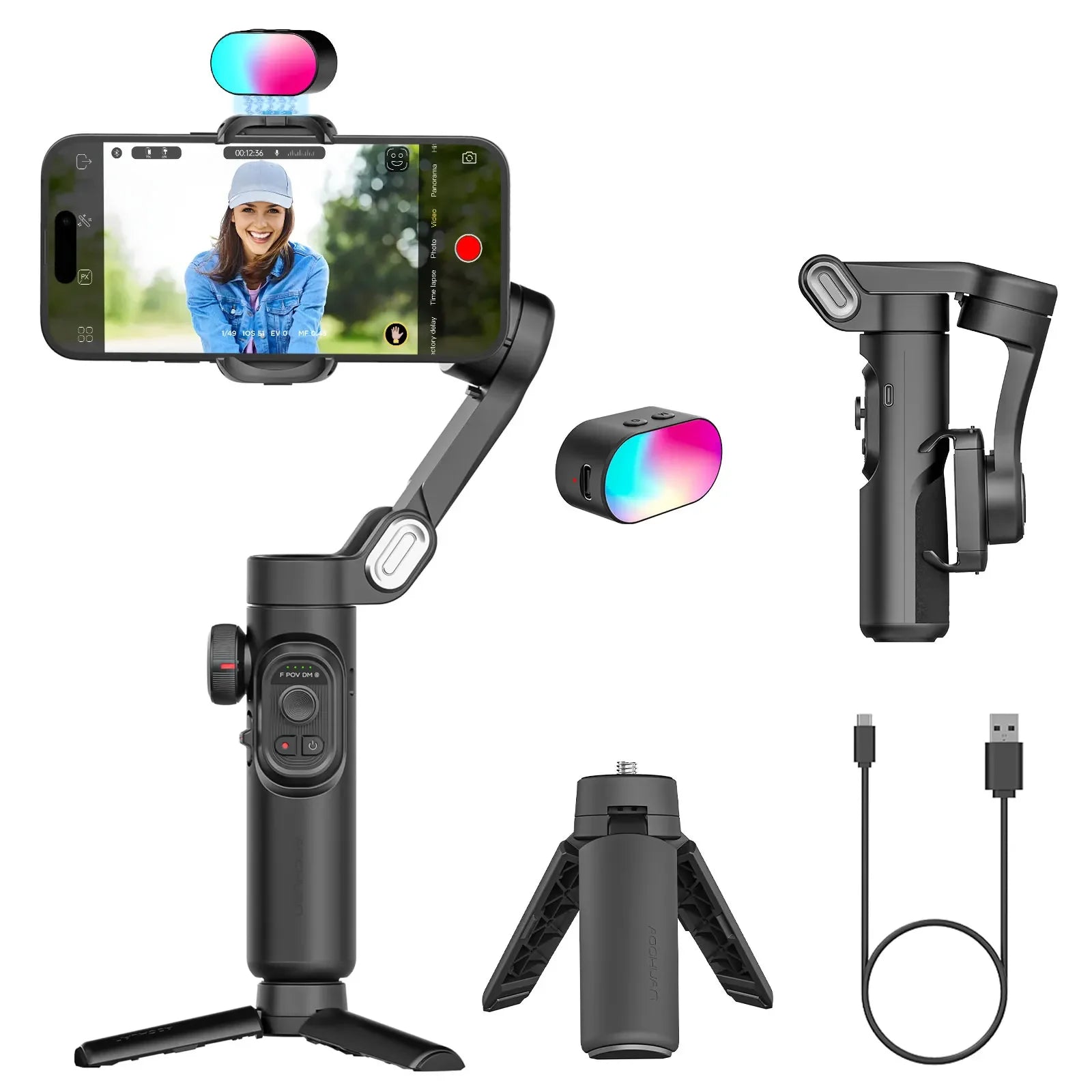 Gimbal Stabilizer for Smartphone iPhone Video Recording  Fill Light 3-Axis Foldable Android Gimble