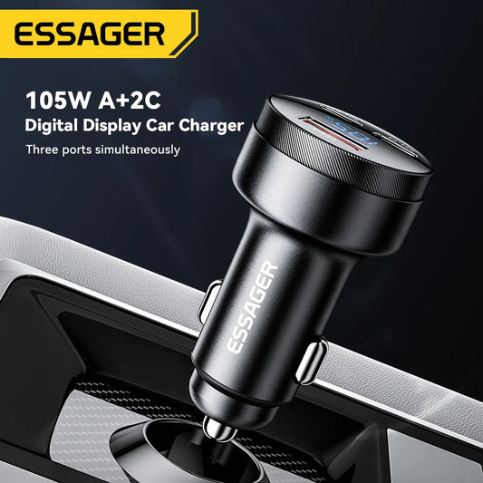 105W USB C Car Charger 3 Port PD 3.0 QC 4.0 Fast Charging GaN Adapter with Digital Display