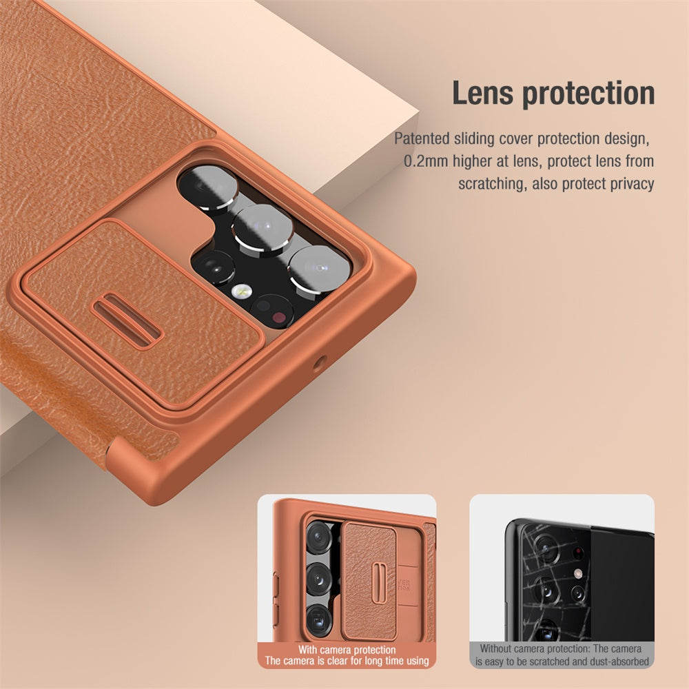 QIN Pro PU Leather Case For Samsung S22 Ultra Plus Flip Camera Slider 360° All-inclusive Shockproof Phone Cover