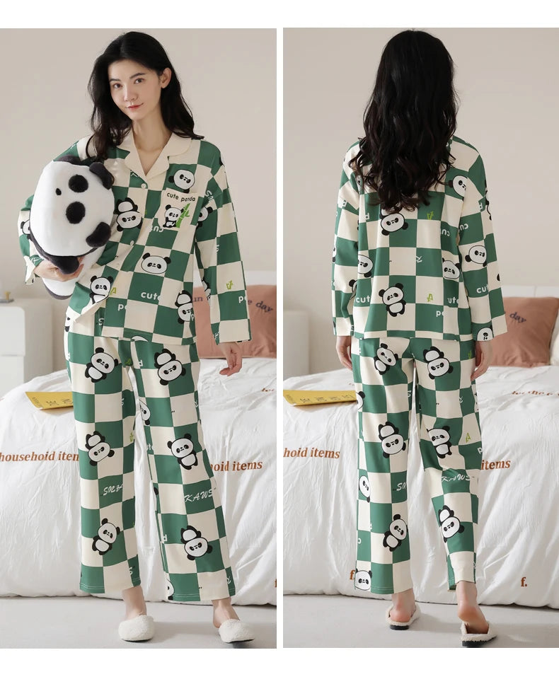 Women’s Winter 100% Cotton Pajama Set – Loose Fit, Turn-Down Collar, Long Sleeves, Cute Pink