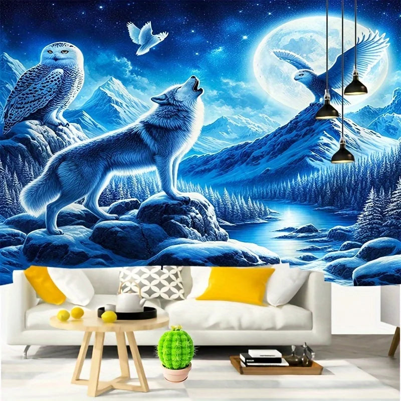 Arctic Wolf King Tapestry Wolf Fur Texture Snow Mountain Moonlight Living Room Theme Natural Style Room Decor