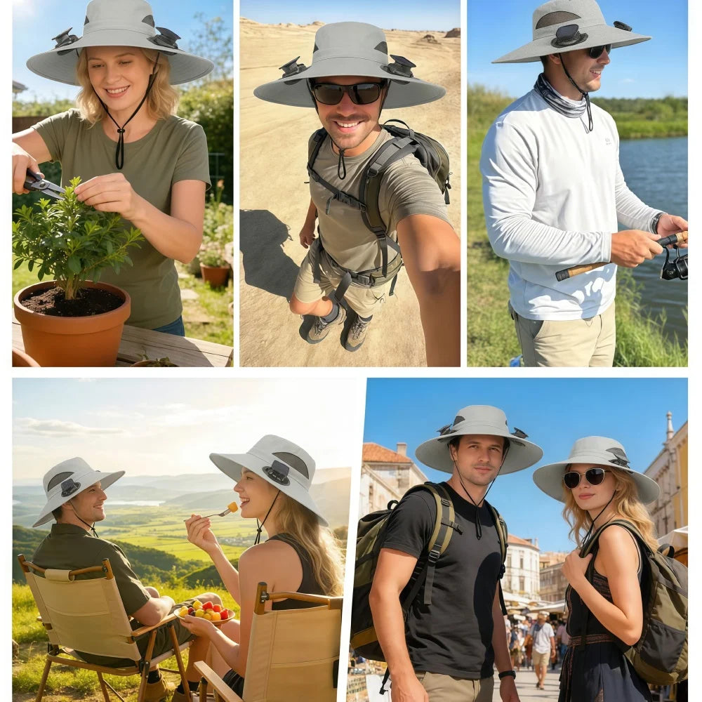 Wide Brim Solar Fan Sun Hat With Dual Fans