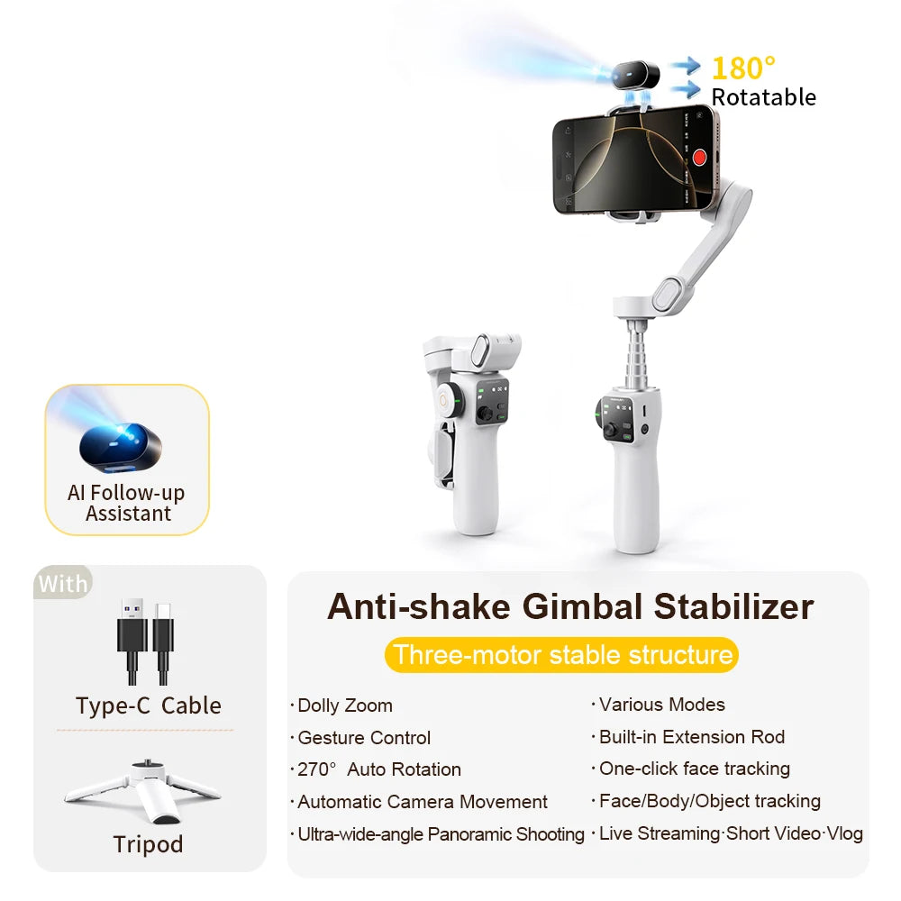 3-Axis Handheld Gimbal Phone Stabilizer with Extension Rod  8.0 Anti Shake Face Tracking for Phone Outdoor Shooting Vlog
