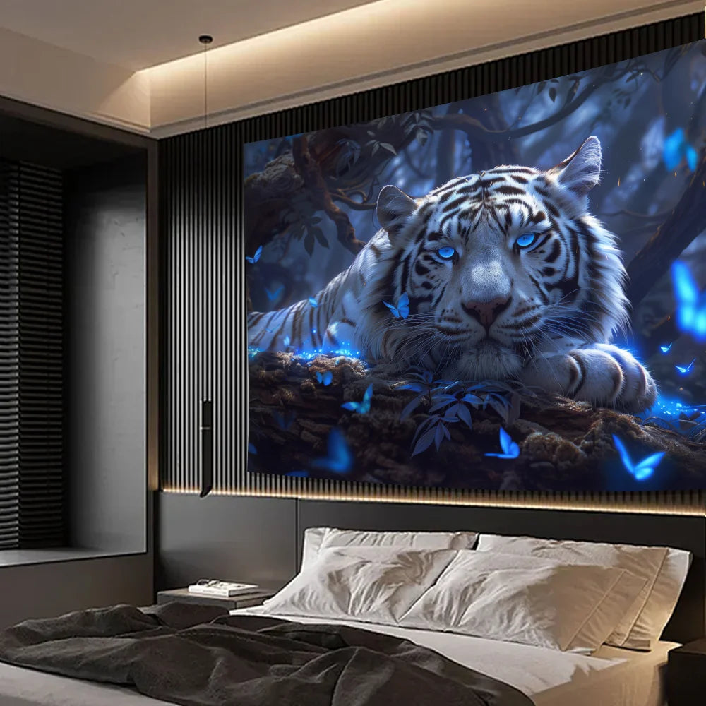 Fantasy Forest White Tiger Tapestry Butterfly Living Room Sofa Natural Style Children's Room Story Wall