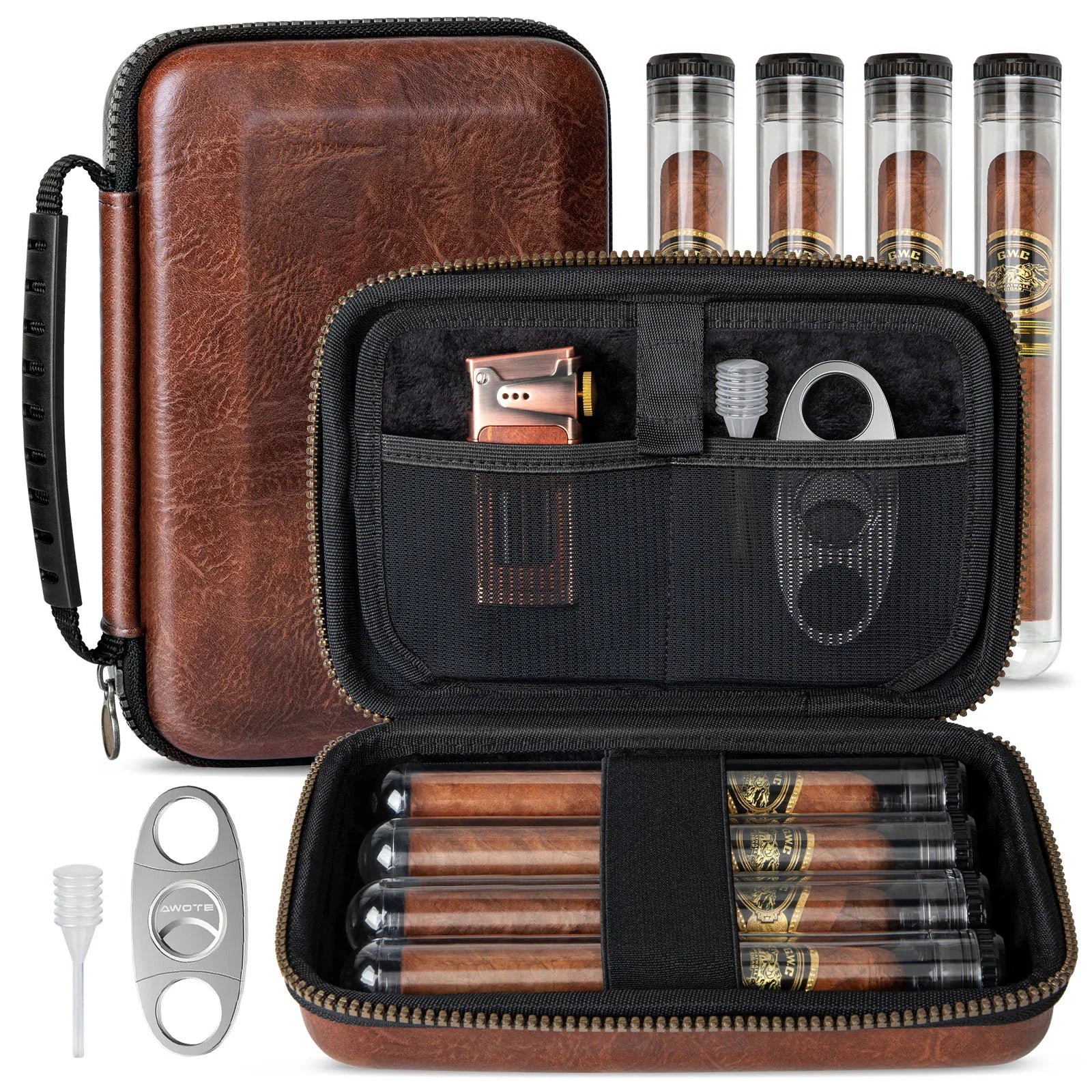 Leather Travel Cigar Humidor with 4 Cigar Tube and Cigar Cutter,Cigar Accessories Gift Set for Men,Lighter not included