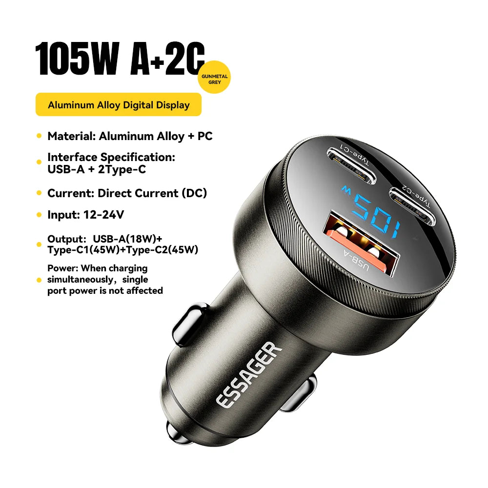 105W USB C Car Charger 3 Port PD 3.0 QC 4.0 Fast Charging GaN Adapter with Digital Display