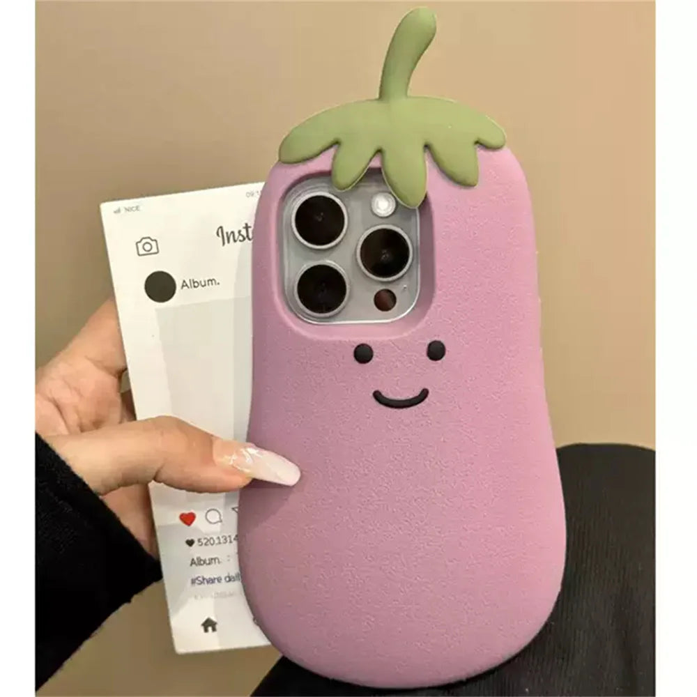 INS Cute Cartoon 3D Eggplant Funny Creative Phone Case For iPhone 16 15 14 13 Pro Max Vegetable Lovely Soft Silicone Back Cover