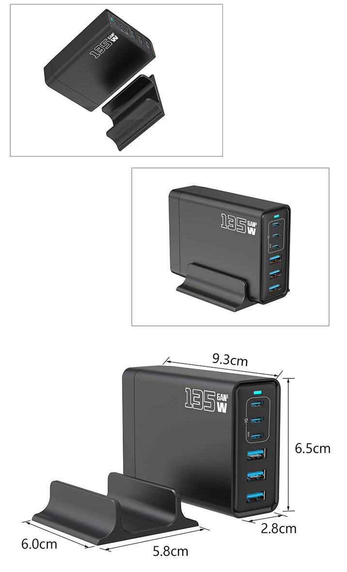 135W Gallium Nitride Charger Gallium Nitride Desktop Multi Port Fast Charging USB Desktop Charging Station Multi Port Charger