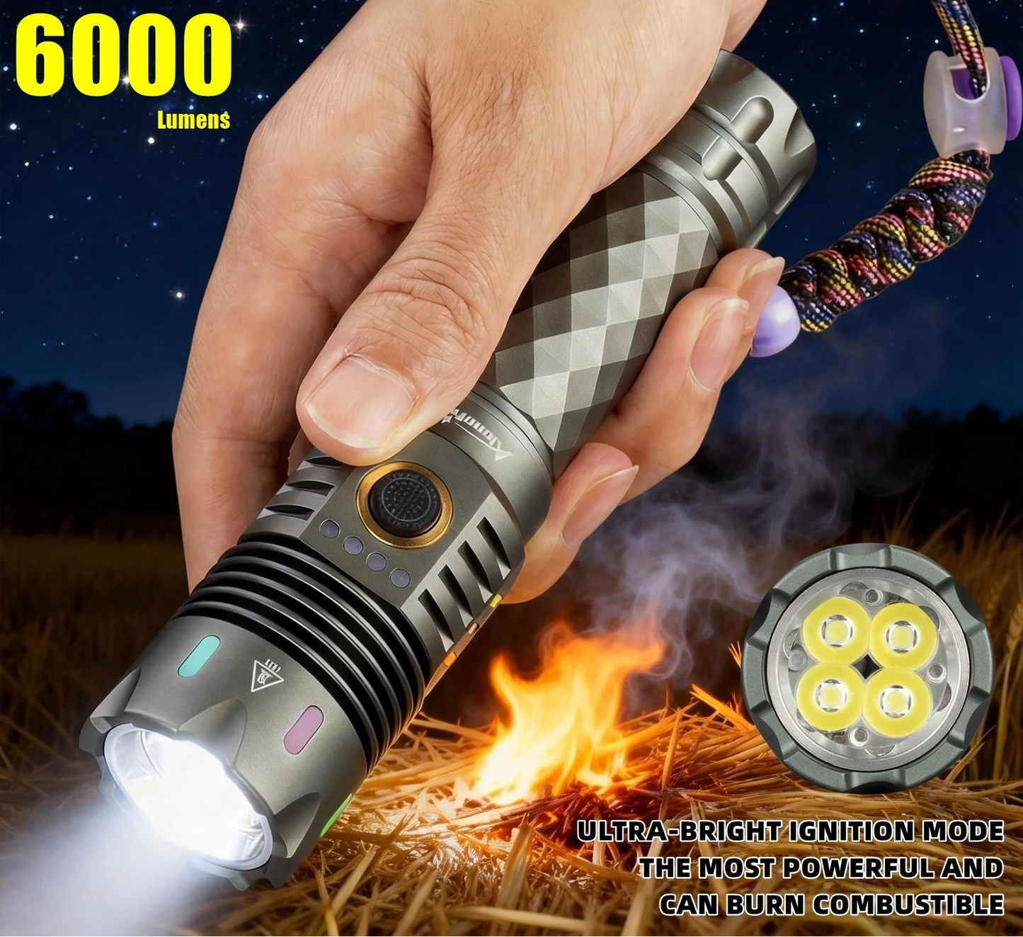 6000 Lumen Rechargeable LED Flashlight With Magnetic Base