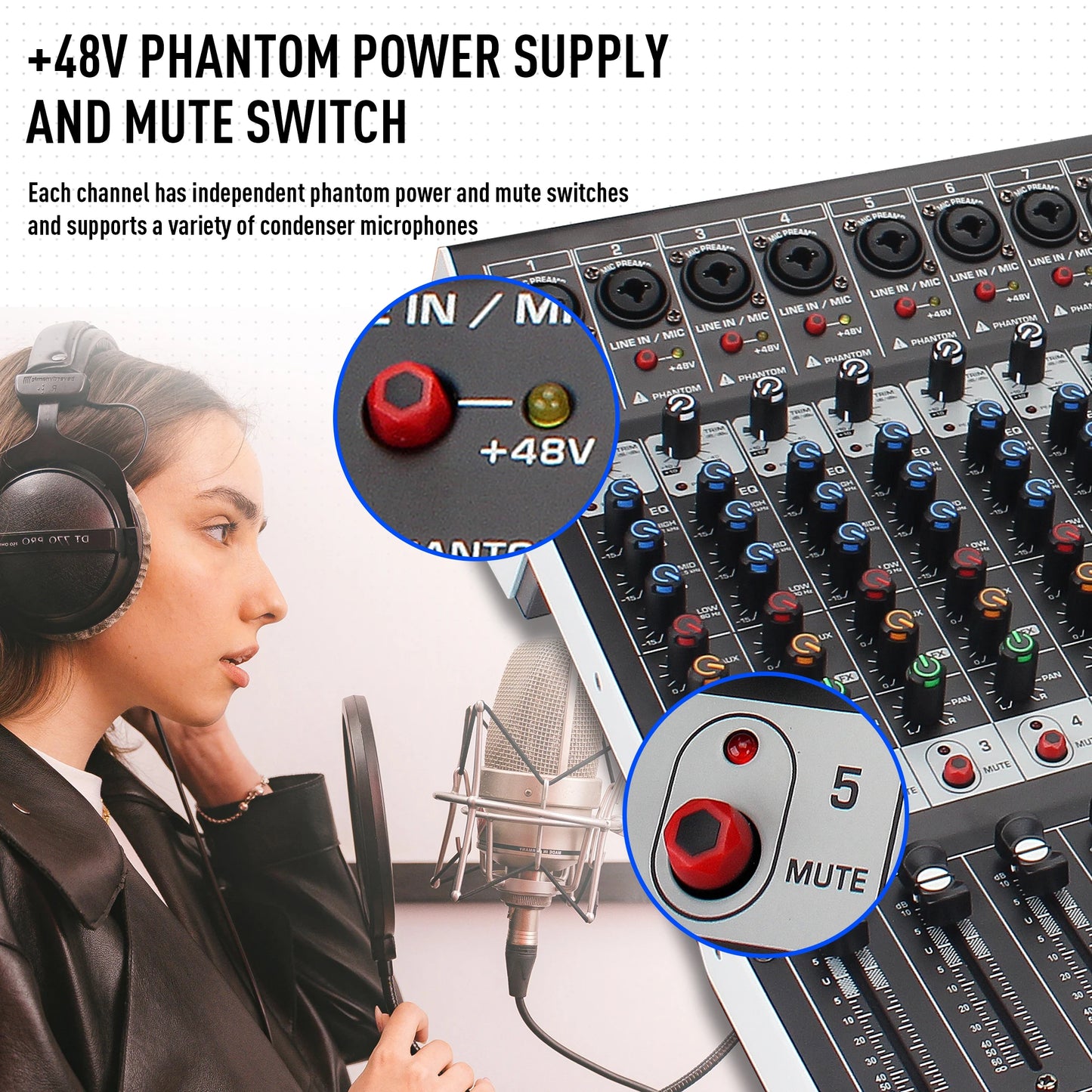 12 Channel Audio Mixer With 99 DSP Effects USB Bluetooth And 48V Phantom Power