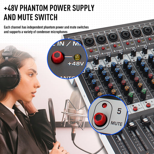 12 Channel Audio Mixer With 99 DSP Effects USB Bluetooth And 48V Phantom Power
