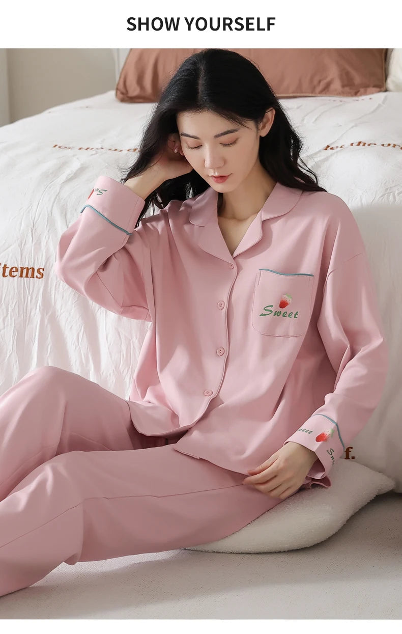 Women’s Winter 100% Cotton Pajama Set – Loose Fit, Turn-Down Collar, Long Sleeves, Cute Pink