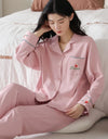 Women’s Winter 100% Cotton Pajama Set – Loose Fit, Turn-Down Collar, Long Sleeves, Cute Pink