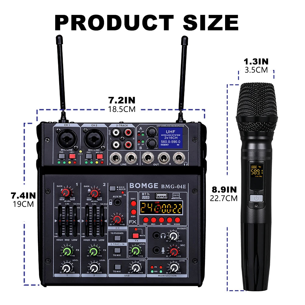 4 Channel Karaoke Audio Mixer with Dual UHF Wireless Microphones and Bluetooth