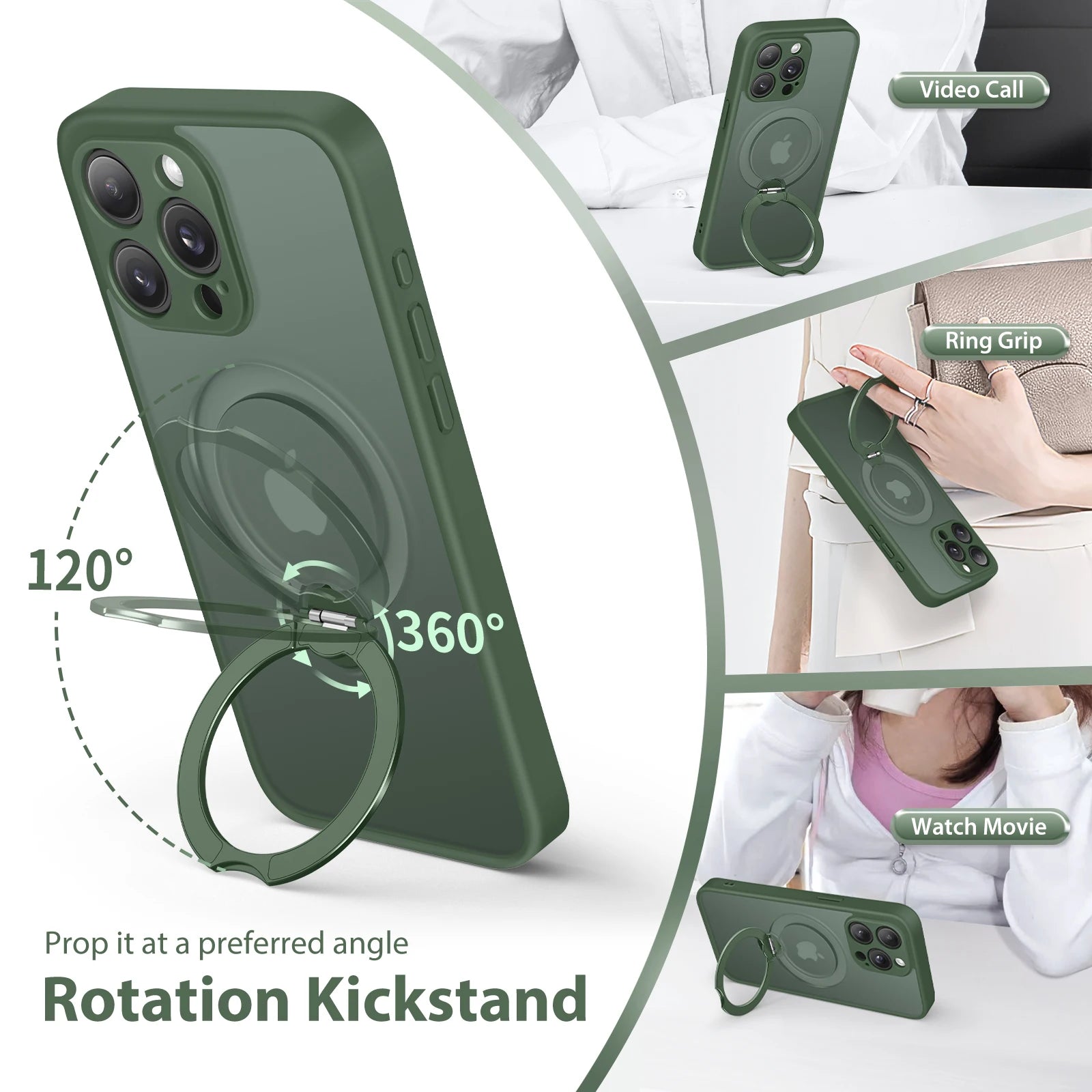 360° Rotating Metal Ring Stand Magnetic Case for iPhone 15 Pro Max with Lens Protector Magnetic Wireless Charging Matte Cover