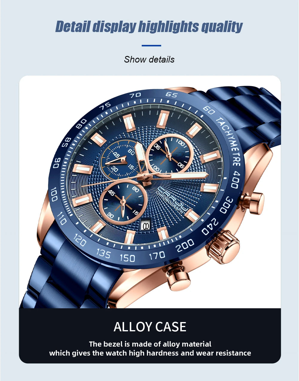 Men Watch Fashion Sports Chronograph Wristwatches Stainless Steel Strap with Auto Date