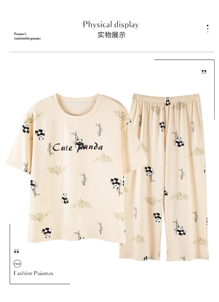 2-Pcs Women’s Cotton Pajama Set – Breathable Short Sleeve Summer Sleepwear with Cute Prints