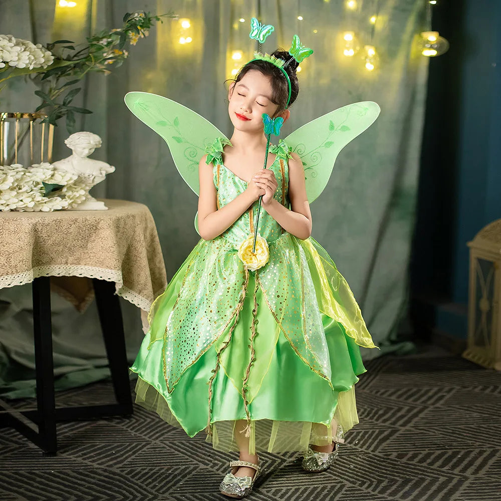 Girl Green Leaf Sequin Fairy Dress Sleeveless Strap Elf Tutu Gown Kids Birthday Party Halloween Cosplay Forest Princess Costume
