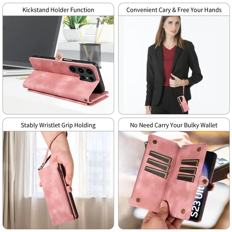 Luxury Leather Flip Wallet Case with Lanyard for Samsung Galaxy S26 / S25 / S24 / S23 Ultra & Plus – Magnetic Full Coverage Phone Bag Cover