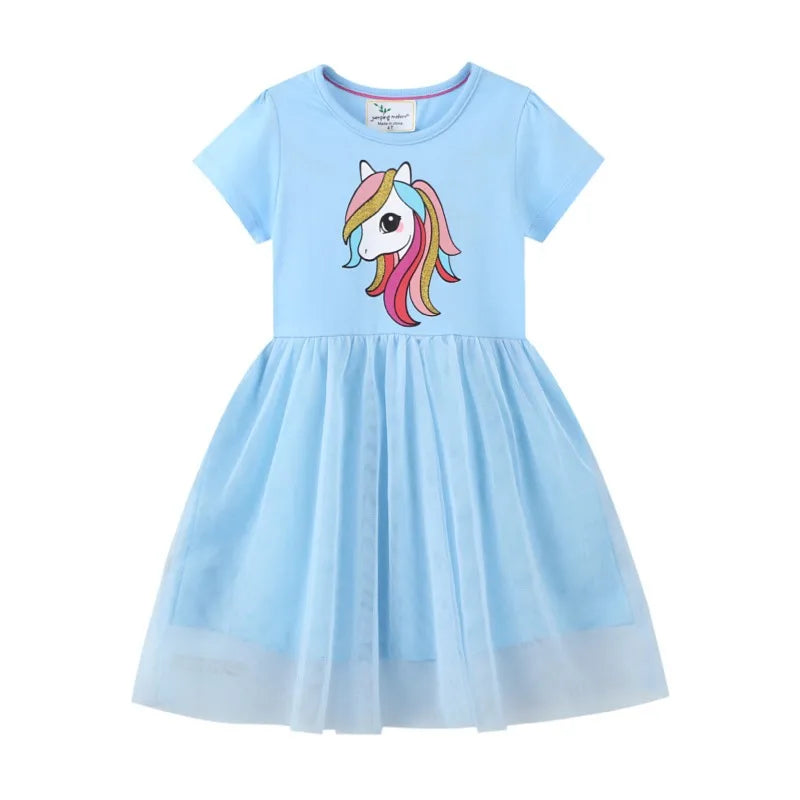 Unicorn Butterfly Princess Cotton Dress for Girls Summer Knee Length Dress