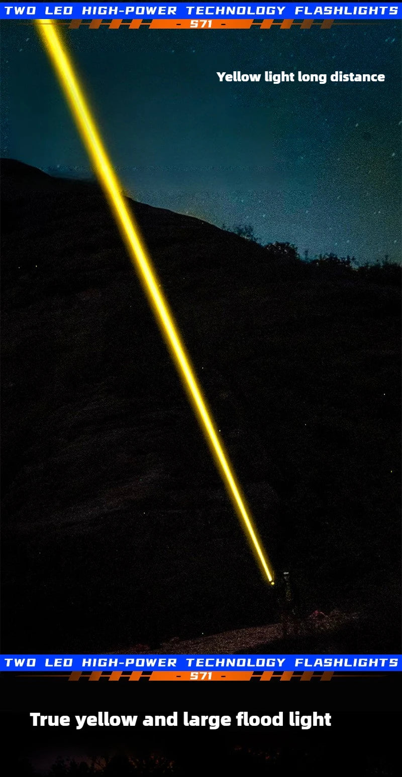 100000LM Dual Laser Flashlight White & Yellow Beam Rechargeable Zoom Tactical Torch with COB Side Light