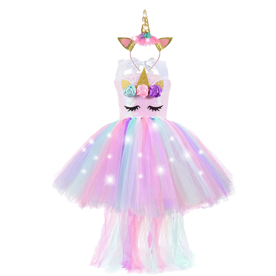 Girl Unicorn Dresses for Girls Tutu Princess Party Dresses with LED Lights Flower Birthday Party Cosplay Costume Girls Clothing