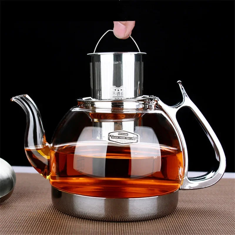 Heat Resistant Glass Teapot with Stainless Steel Filter Large Capacity Induction Kettle 1.2L
