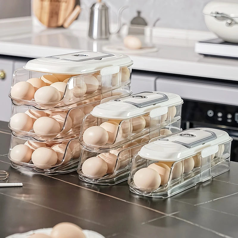 Multi-Layer Automatic Rolling Egg Storage Box – Refrigerator Side Door Egg Tray Rack Organizer
