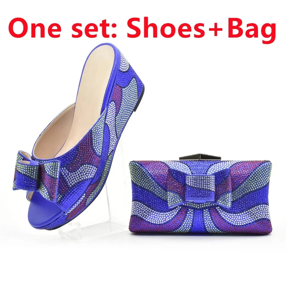 Design Italian Shoes and Bags Matching Set Decorate with Rhinestone Wedges Shoes for Women Luxury Round Toe Platform Shoes