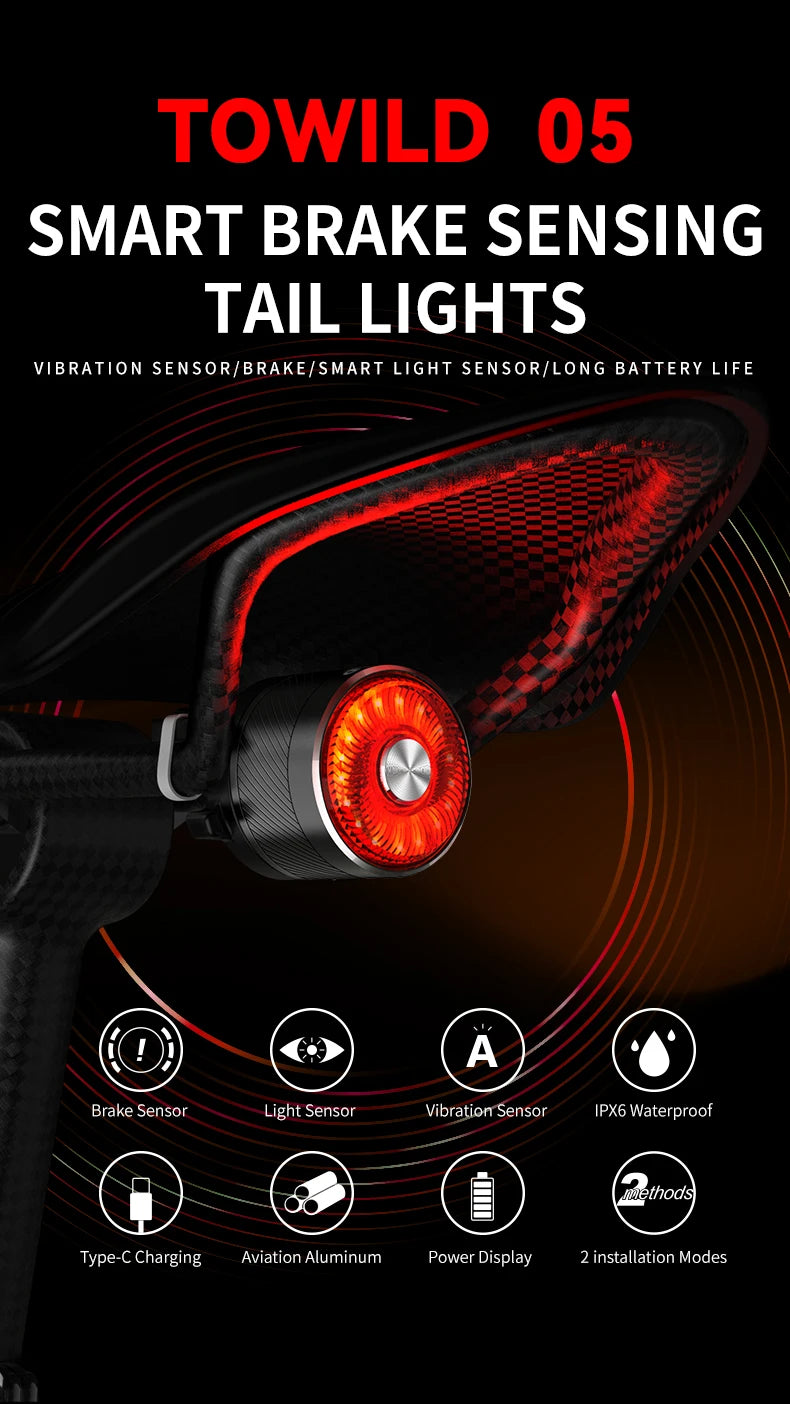 Rear Light Bicycle Smart Auto Brake Sensing Light IPX6 Waterproof USB Charging LED Cycling Light Warning Taillight