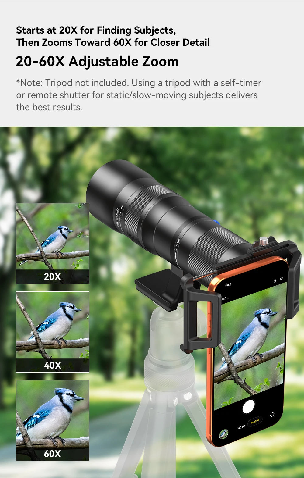 20X to 60X HD Mobile Phone Telephoto Zoom Lens with Universal Clip