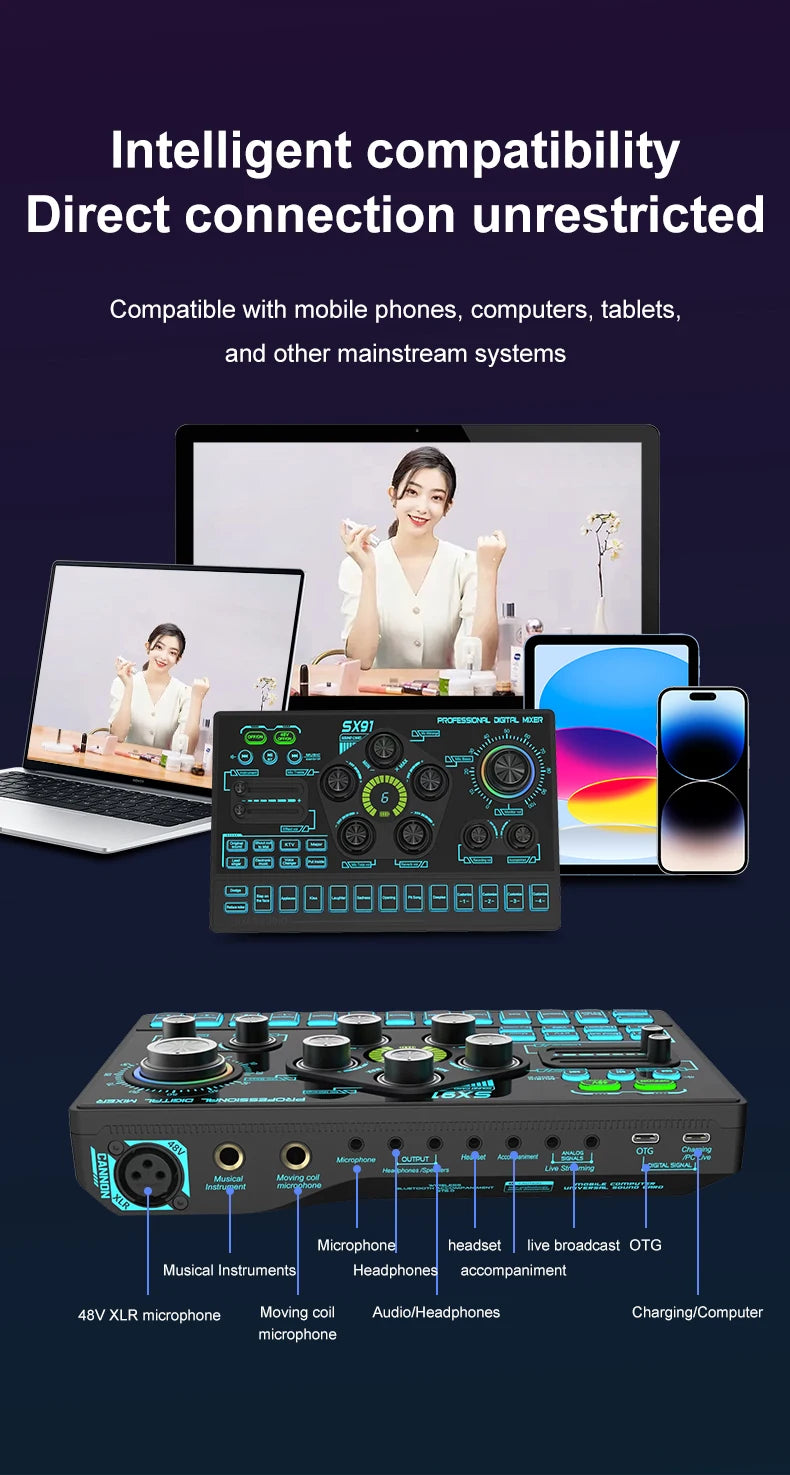 SX91 48V Audio Mixer with Voice changer,Podcast Mixer,Sound Card for Phone Gaming Karaoke Studio Live Streaming Podcast