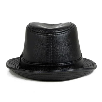 Man High Quality Genuine Leather Jazz Fedora Gentleman Cow Skin Short Brim Fitted Top Hat Male Shows