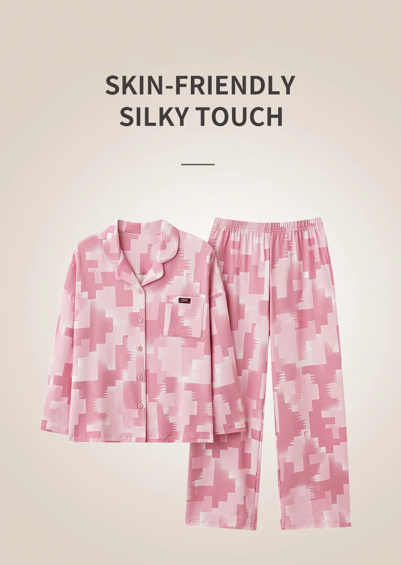 Women’s Winter 100% Cotton Pajama Set – Loose Fit, Turn-Down Collar, Long Sleeves, Cute Pink