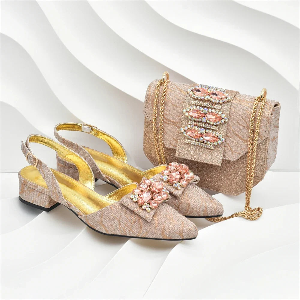 Women Shoes and Bags To Match Set Italy Lady Crystal Low Heels Pointed Toe Party Shoe and Bag African Women Ladies Wedding Pumps