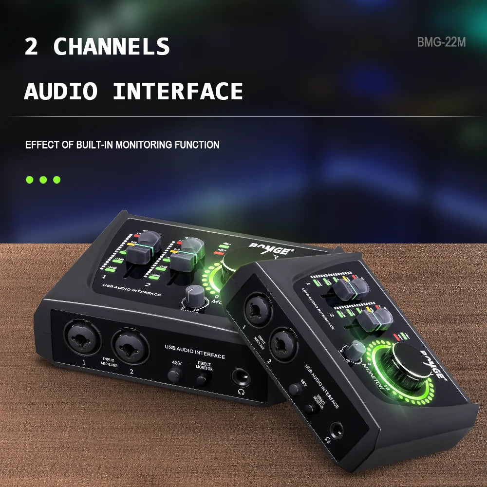 Mini 2 Channel USB Audio Interface with 48V Phantom Power for Recording and Streaming