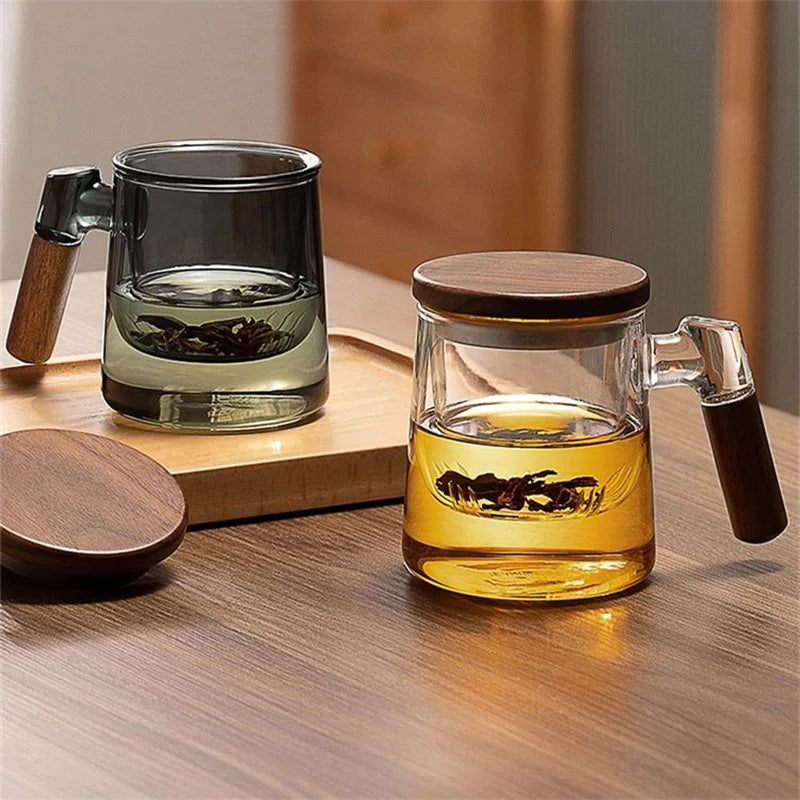 400ml Walnut Wooden Handle Lid Filter Glass Tea Cup Tea Water Separation Scented Tea Cup Office Flower Tea Separation Tea Mug