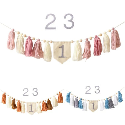 Let’s Make Baby Happy Birthday Party 1-3 Years Old Tassel Banner Newborn Milestone Photography Props For Kids Party Decoration