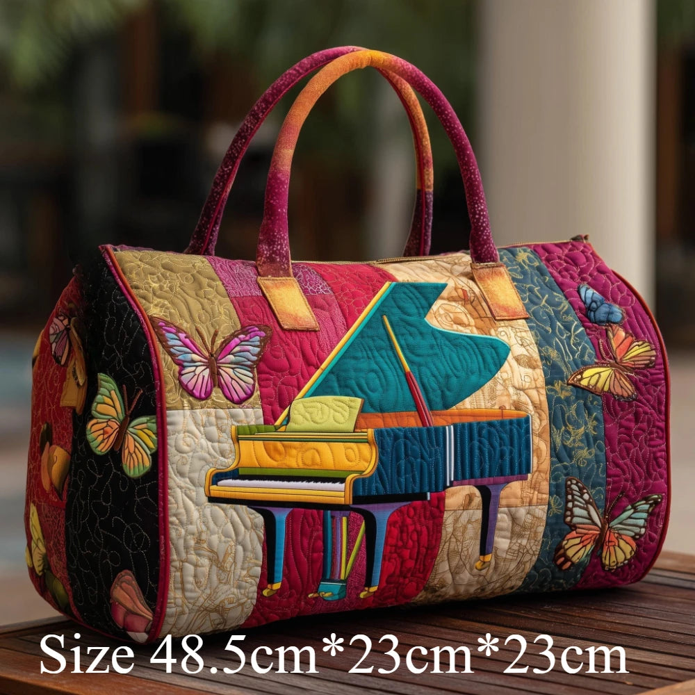 3D Printed Quilted Music Tote Bag Guitar Piano Floral Rose Design Travel Duffle Bag Carry on Luggage Unique Weekender Bag