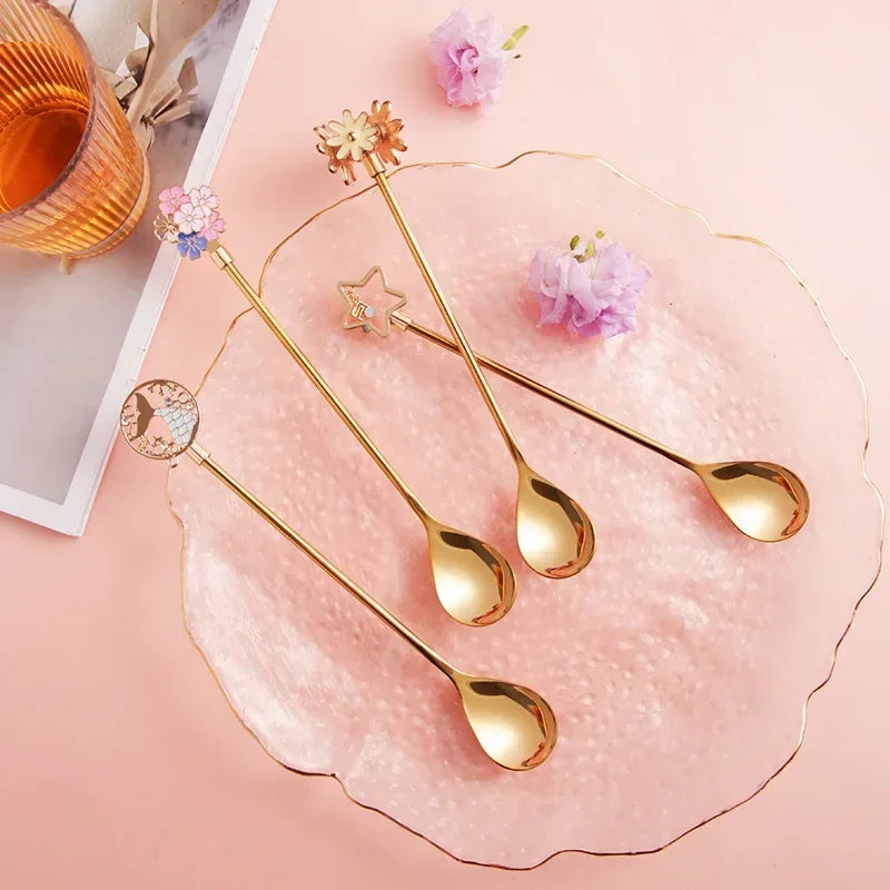 Colorful Cherry Spoons Long Handle Dessert Spoon 304 Stainless Steel Petal Teaspoons Catoon Blossom Star Fish Shape Home Decor