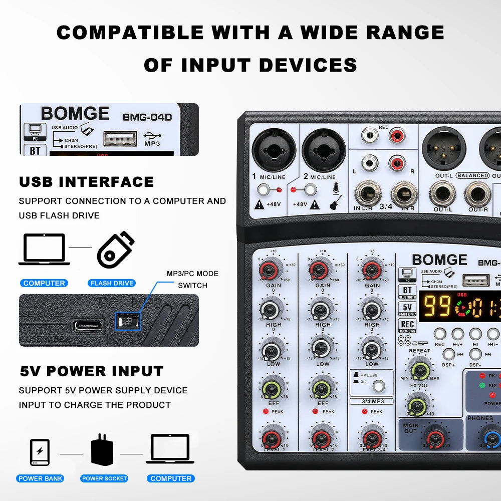 4 Channel Audio Mixer Console with USB 48V Phantom Power and 99 DSP Effects
