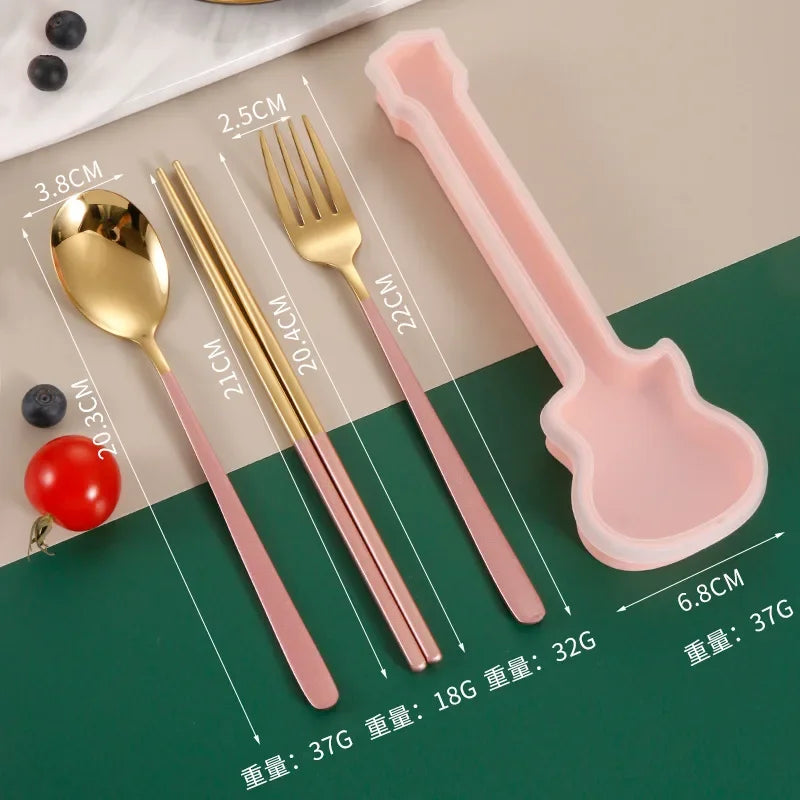 2/3Pcs Cutlery Set Fork Spoon Chopsticks Dinnerware Set 304 Stainless Steel Portable Travel Flatware Guitar Box